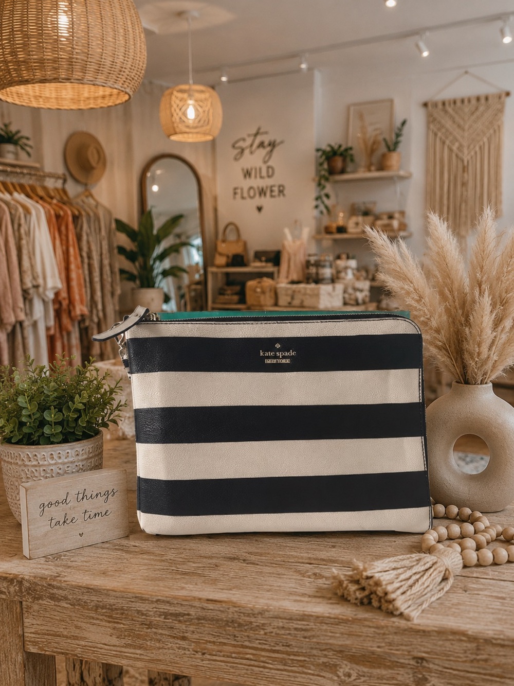 Kate Spade Quentin Stripe Wristlet  Pouch Everpurse- Black and White- Charger
